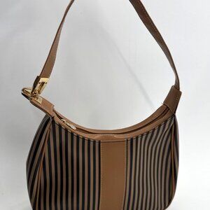 Tan Striped Shoulder Bag Fendi Style Black Italia Faux Leather Zip Inner Pocket